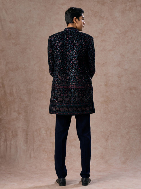 Manyavar Velveteen Dark Blue Radiance Indo Western