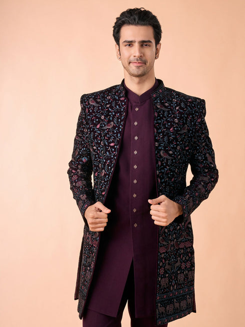 Manyavar Grape Velvet Splendor Indo Western