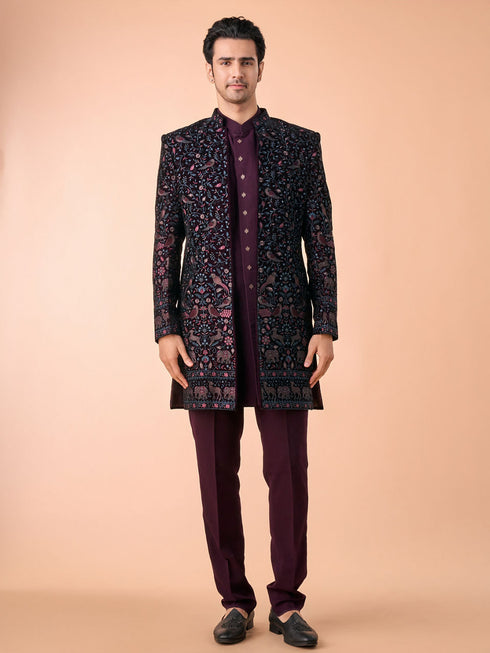 Manyavar Grape Velvet Splendor Indo Western