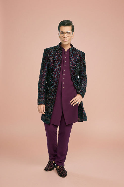 Manyavar Grape Velvet Splendor Indo Western