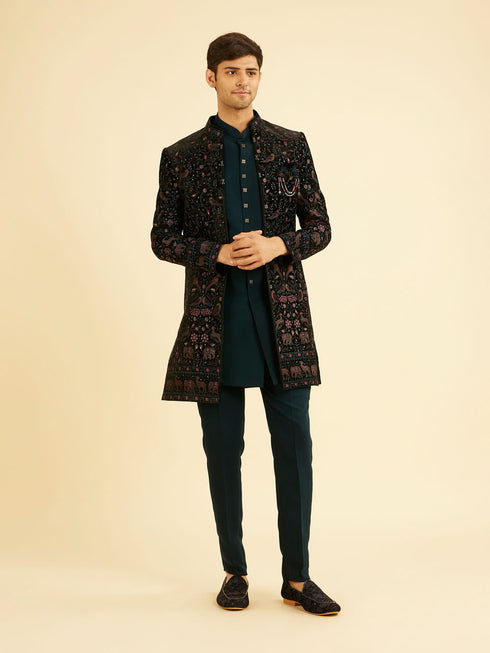 Manyavar Teal Green Velvet Indo Western Ensemble
