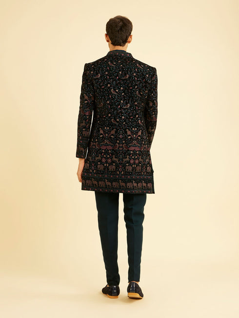 Manyavar Teal Green Velvet Indo Western Ensemble