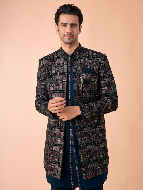 Manyavar Elegant Teal Blue Velvet Indo Western