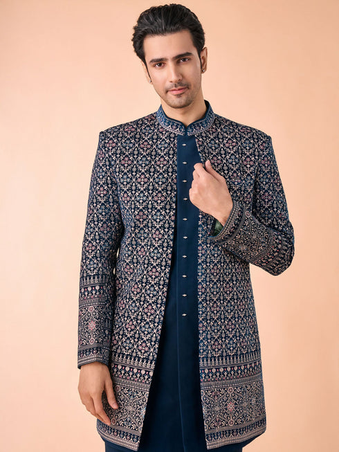 Manyavar Teal Blue Velvet Indo Western