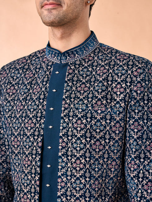 Manyavar Teal Blue Velvet Indo Western