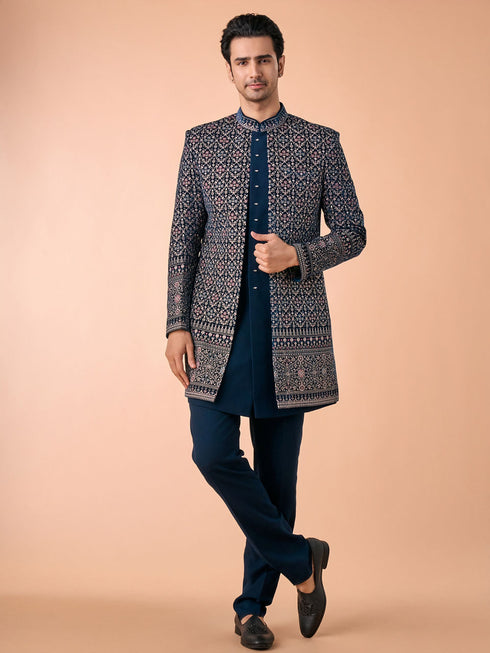 Manyavar Teal Blue Velvet Indo Western