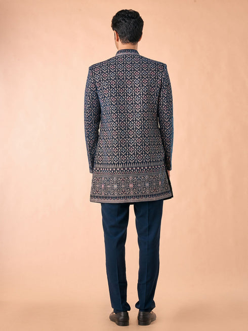 Manyavar Teal Blue Velvet Indo Western