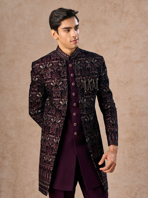 Manyavar Purple Velvet Indo-Western Ensemble with Embroidery