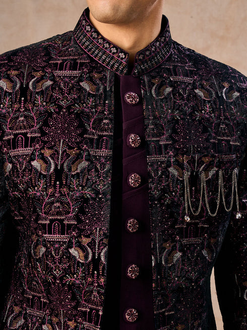 Manyavar Purple Velvet Indo-Western Ensemble with Embroidery