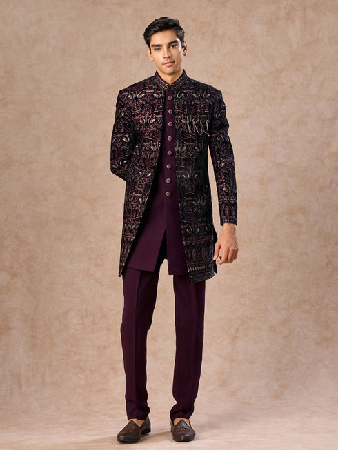 Manyavar Purple Velvet Indo-Western Ensemble with Embroidery