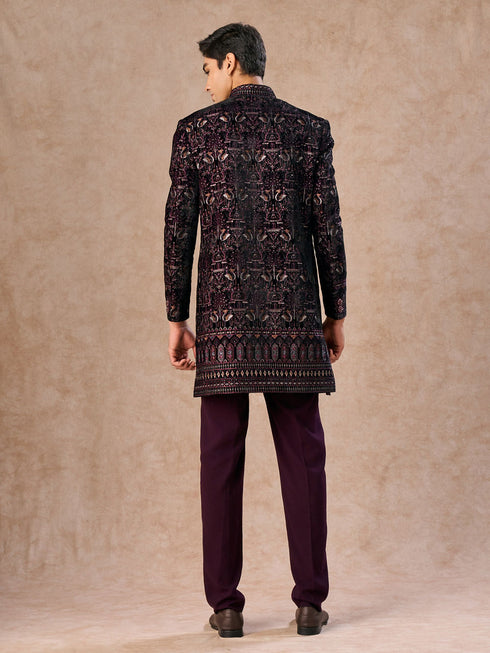 Manyavar Purple Velvet Indo-Western Ensemble with Embroidery
