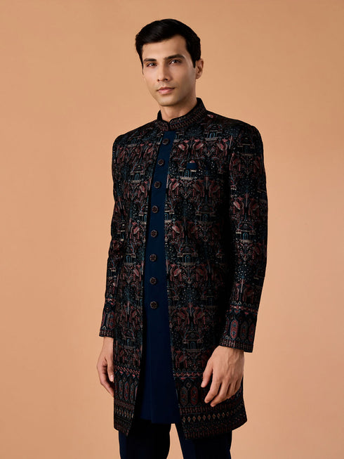 Manyavar Teal Green Velvet Indo Western