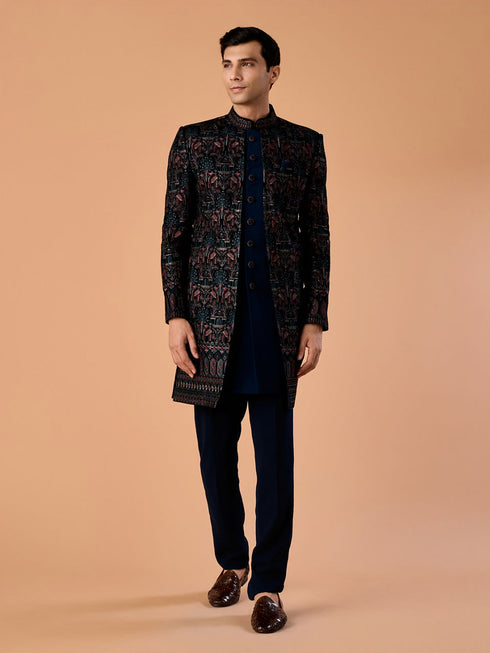 Manyavar Teal Green Velvet Indo Western