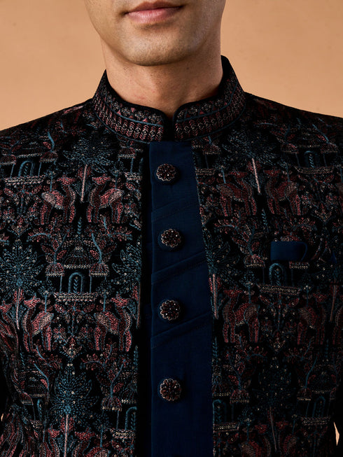 Manyavar Teal Green Velvet Indo Western