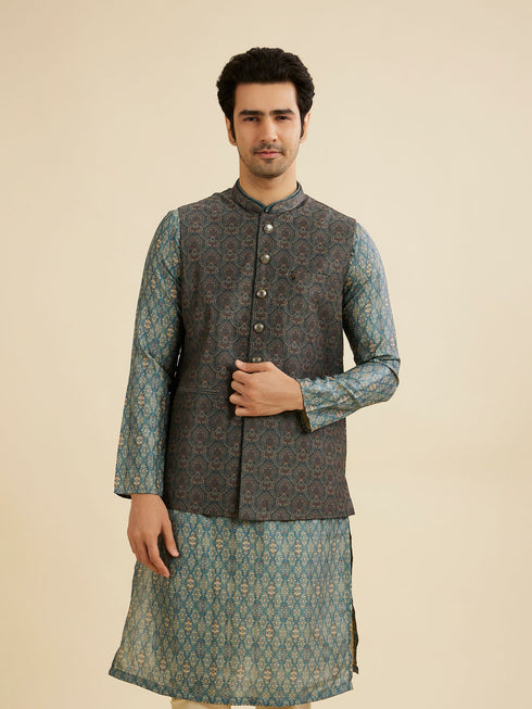 Manyavar Dark Green Jaal Medallion Printed Nehru Jacket
