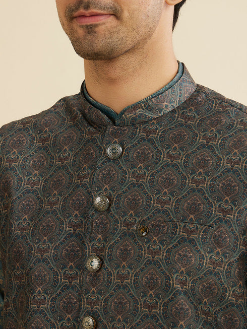 Manyavar Dark Green Jaal Medallion Printed Nehru Jacket