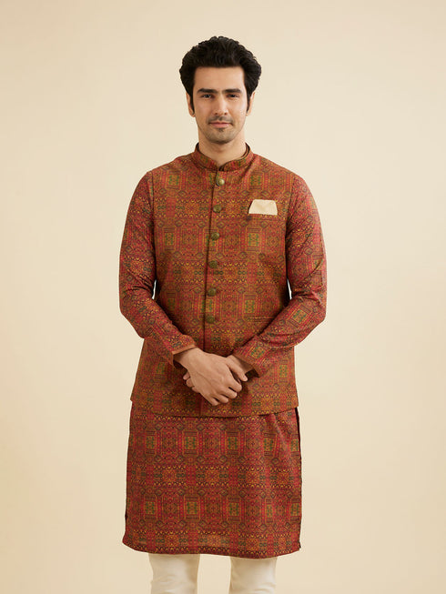 Manyavar Rust Red Aztec Print Jacket