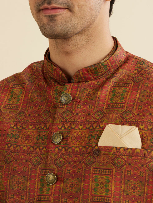 Manyavar Rust Red Aztec Print Jacket
