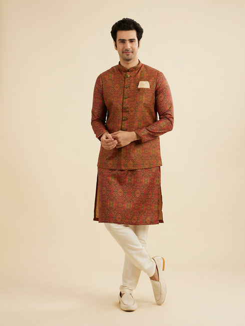Manyavar Rust Red Aztec Print Jacket