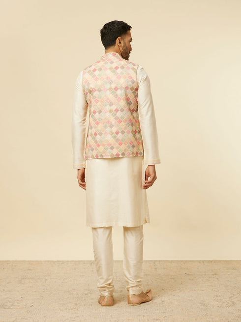 Manyavar Beige Multi Colored Grid Patterned Jacket Set