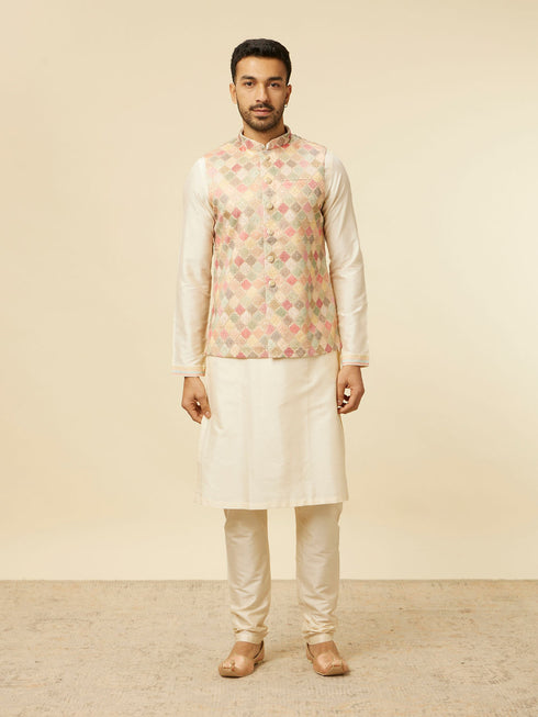 Manyavar Beige Multi Colored Grid Patterned Jacket Set