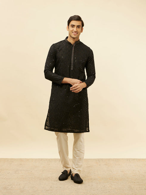 Manyavar Jet Black Chikankari Sequinned Kurta Set