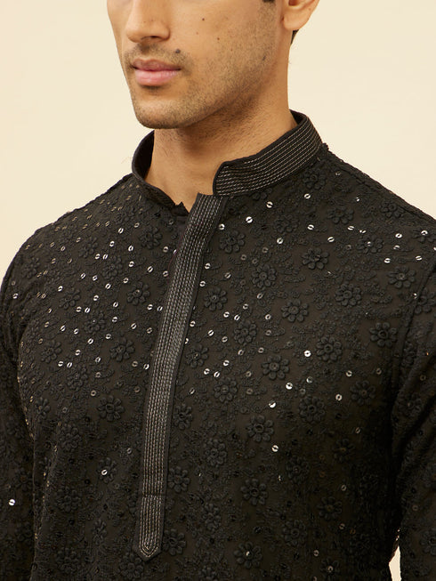 Manyavar Jet Black Chikankari Sequinned Kurta Set