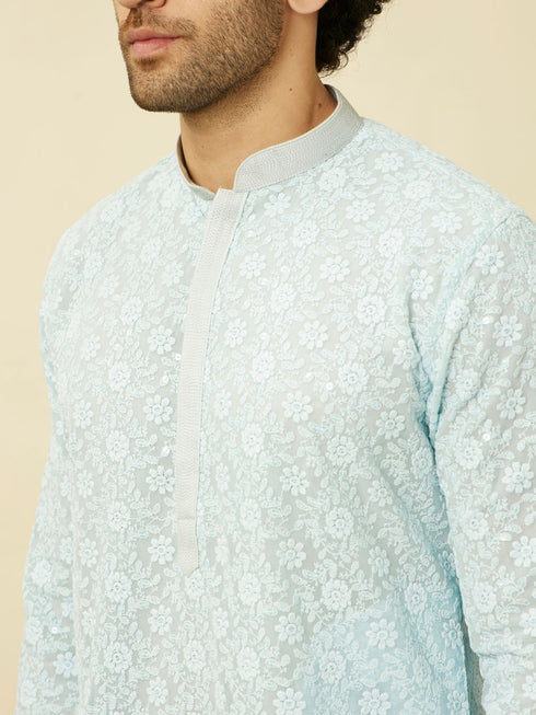 Manyavar Tropical Blue Floral Chikankari Embroidered Kurta Set