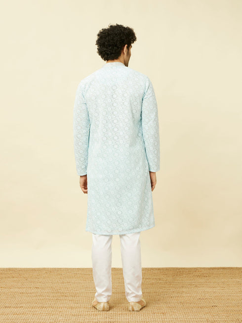 Manyavar Tropical Blue Floral Chikankari Embroidered Kurta Set
