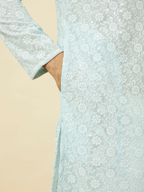 Manyavar Tropical Blue Floral Chikankari Embroidered Kurta Set