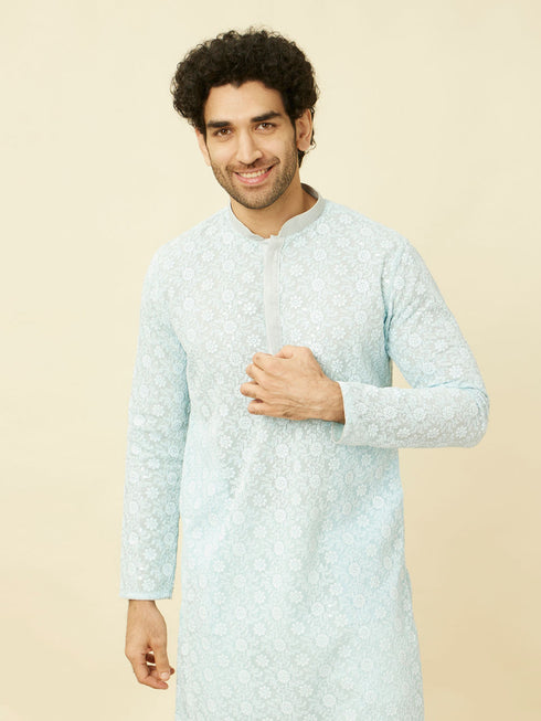 Manyavar Tropical Blue Floral Chikankari Embroidered Kurta Set