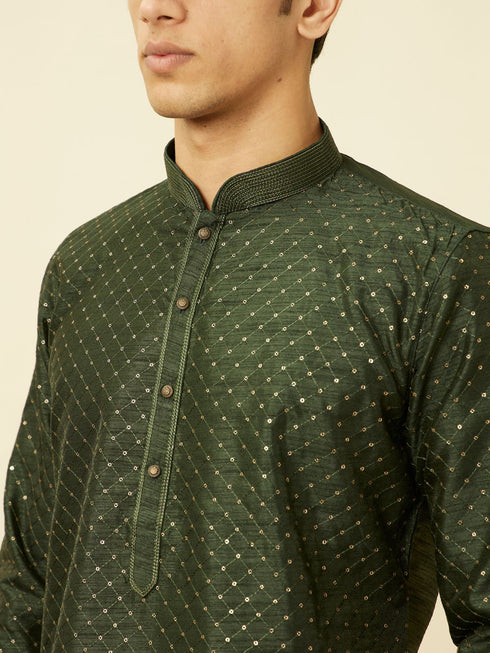 Manyavar Dark Green Lattice Patterned Sequined Kurta Set