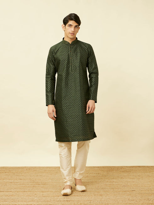 Manyavar Dark Green Lattice Patterned Sequined Kurta Set