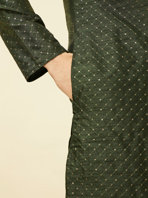 Manyavar Dark Green Lattice Patterned Sequined Kurta Set