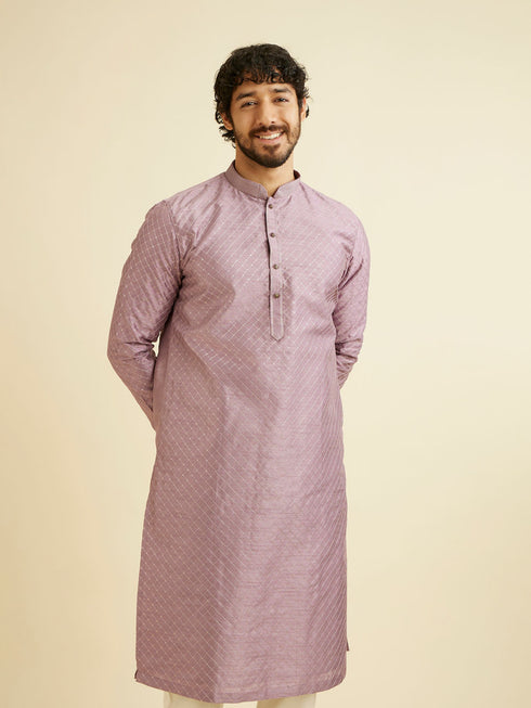 Manyavar Soft Lilac Jaal Sequinned Kurta Set with Striped Collar