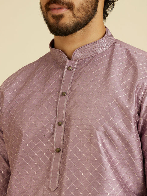 Manyavar Soft Lilac Jaal Sequinned Kurta Set with Striped Collar