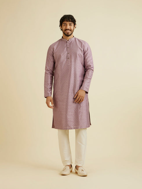 Manyavar Soft Lilac Jaal Sequinned Kurta Set with Striped Collar
