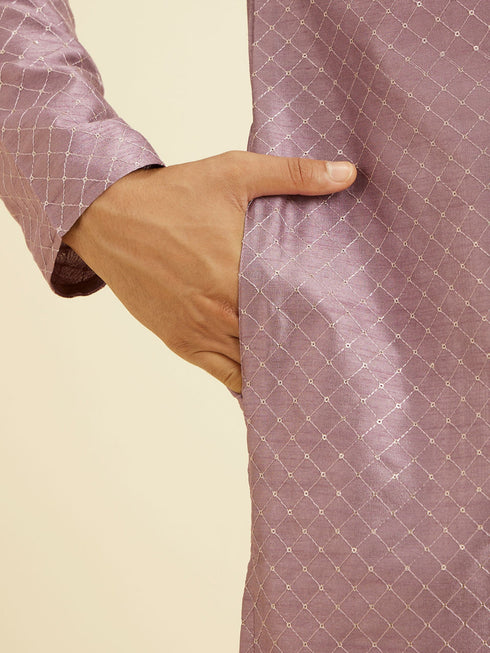 Manyavar Soft Lilac Jaal Sequinned Kurta Set with Striped Collar