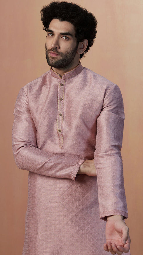 Manyavar Salmon Pink Jacquard Kurta Pajama