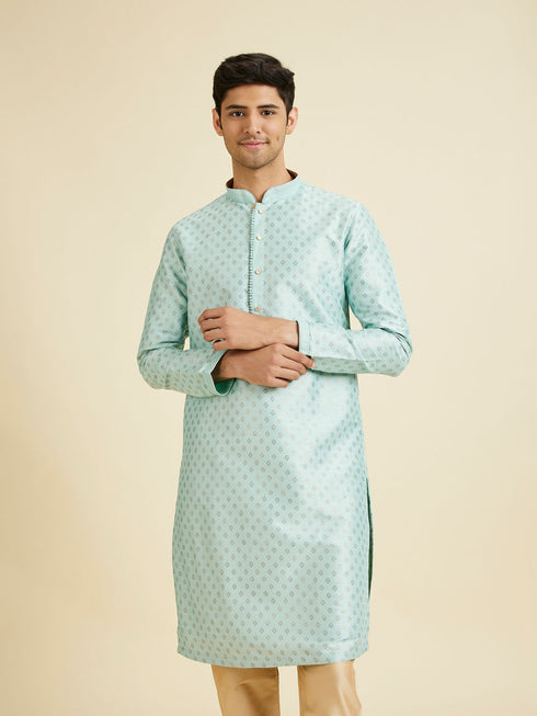 Manyavar Sea Green Kurta Pajama With Golden Motifs
