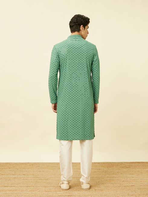 Manyavar Pastel Turquoise Blue Floral Chikankari Patterned Kurta Set