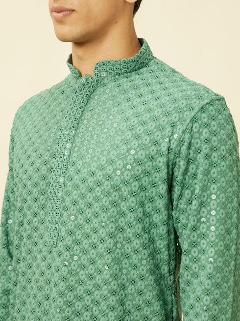 Manyavar Pastel Turquoise Blue Floral Chikankari Patterned Kurta Set