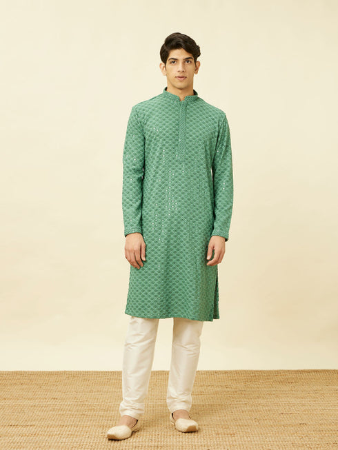 Manyavar Pastel Turquoise Blue Floral Chikankari Patterned Kurta Set