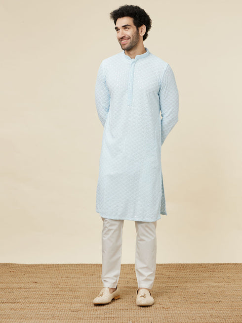 Manyavar Powder Blue Sequin Embellished Chikankari Kurta Set