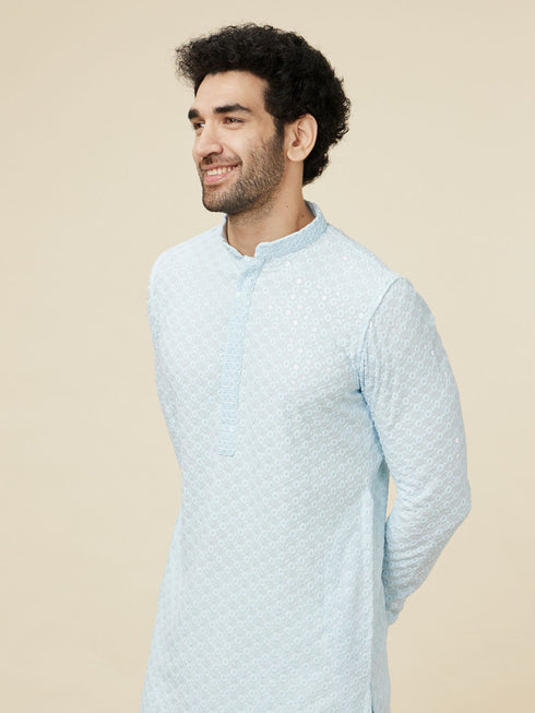 Manyavar Powder Blue Sequin Embellished Chikankari Kurta Set