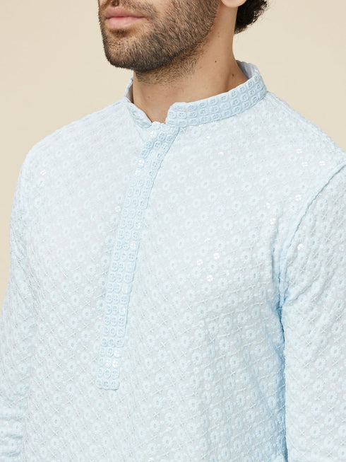 Manyavar Powder Blue Sequin Embellished Chikankari Kurta Set
