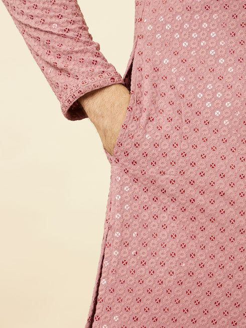 Manyavar Quartz Pink Floral Chikankari Embroidered Kurta Set