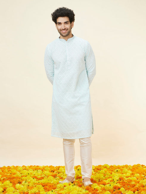 Manyavar Light Blue Sequin Embroidered Kurta Pajama