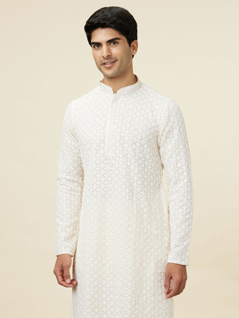 Manyavar Bright Cream Floral Chikankari Embroidered Kurta Set