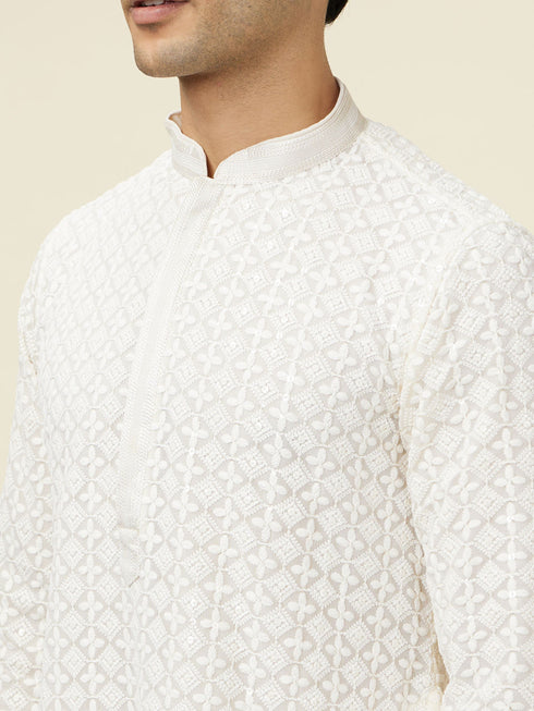 Manyavar Bright Cream Floral Chikankari Embroidered Kurta Set